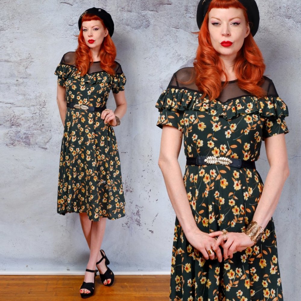 Green floral sheer neckline rockabilly dress 1950s